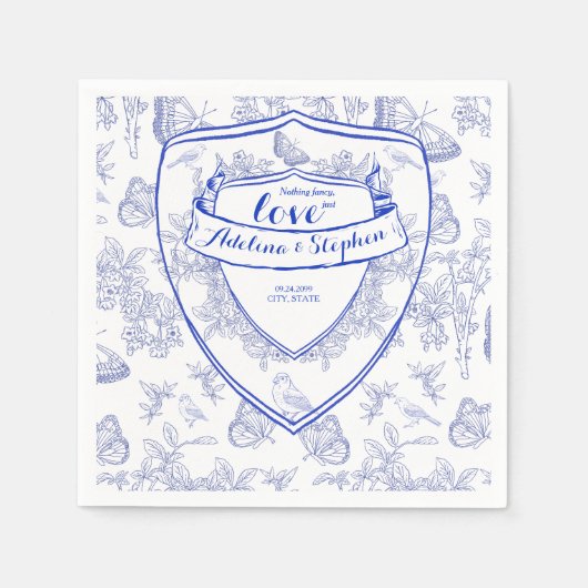  Victoriaans Elegant Crest Blue Toile Wedding Servet (Voorkant)