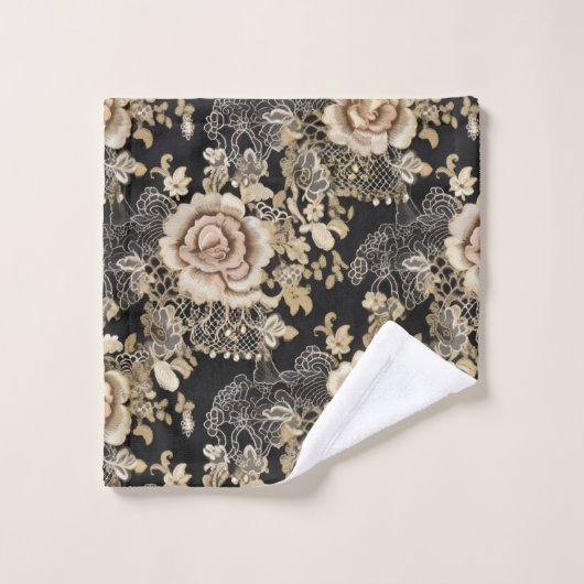 Victoriaans Elegant Rozen Zwart Monogram Bad Handdoek (Wasdoekje)