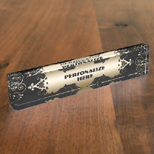 Victoriaans elegant zwart en goud naambordje