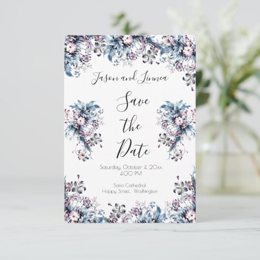 Victoriaans elegante bloemen in Artdeco Style Invi Save The Date (Staand voorkant)