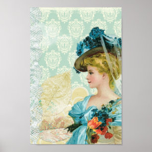  Victoriaans elegante Lady Blue Lace en Flowers Poster