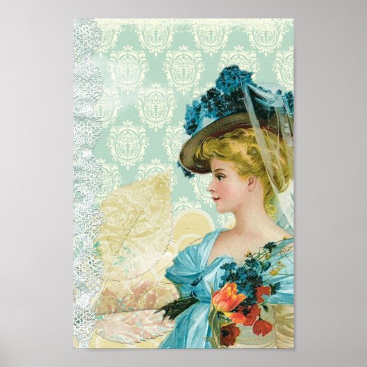  Victoriaans elegante Lady Blue Lace en Flowers Poster (Voorkant)