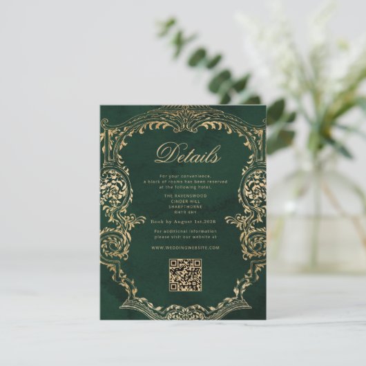 Victoriaans Emerald Gold Royal Wedding QR Details Informatiekaartje (Staand voorkant)
