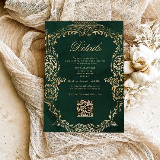 Victoriaans Emerald Gold Royal Wedding QR Details Informatiekaartje