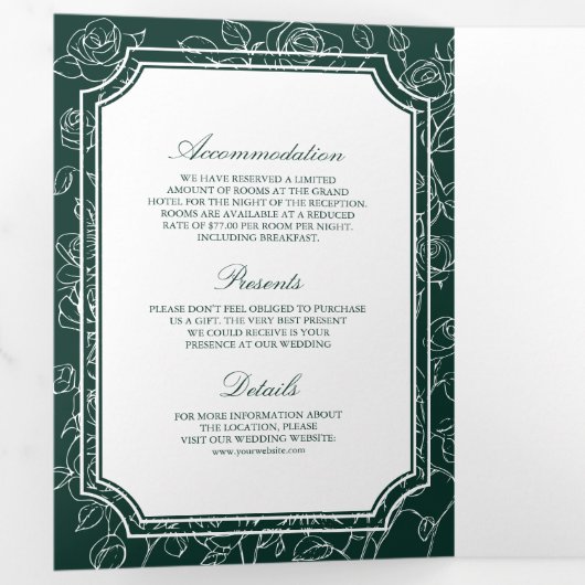 Victoriaans Emerald Green Catholic QR Code Wedding Drieluik Uitnodiging (Binnenzijde eerst)