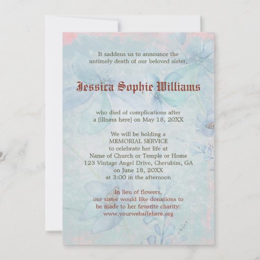  Victoriaans engel Blue Memorial Death Aankondiging (Achterkant)