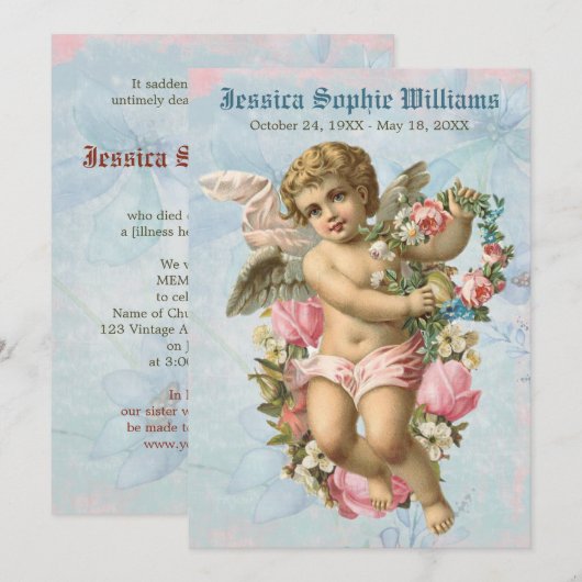 Victoriaans engel Blue Memorial Death Aankondiging (Voorkant / Achterkant)