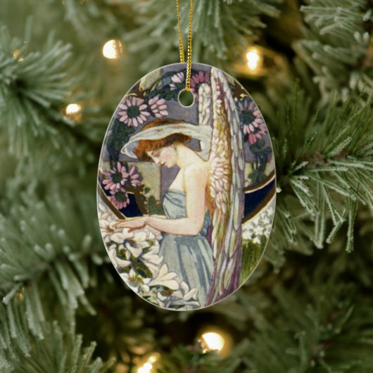 Victoriaans Engel en  Paaslelie Bloemen Keramisch Ornament (Boom)