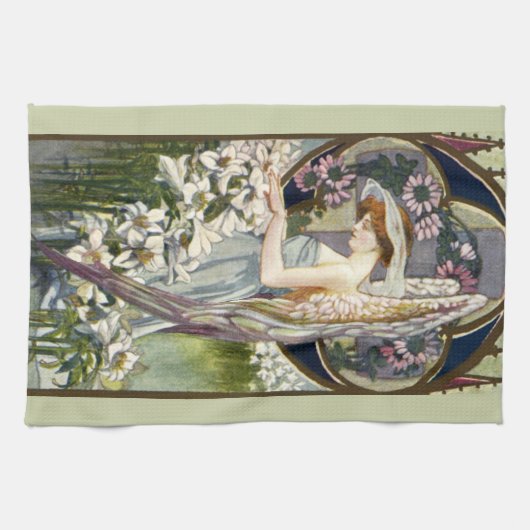 Victoriaans Engel en  Paaslelie Bloemen Theedoek (Horizontaal)