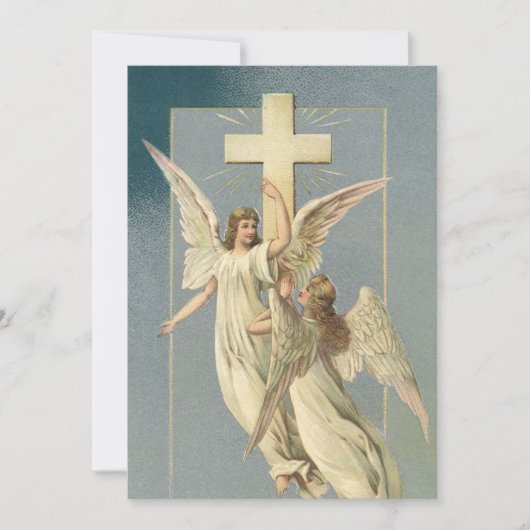 Victoriaans engelen met een kruis,  Pasen Feestdagenkaart (Voorkant)