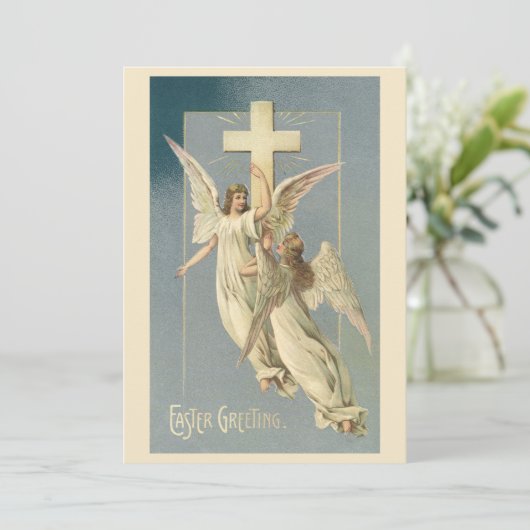 Victoriaans engelen met een kruis,  Pasen Feestdagenkaart (Staand voorkant)