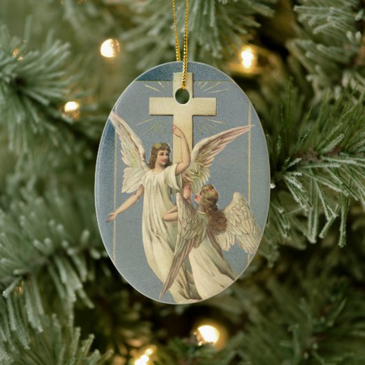 Victoriaans engelen met een kruis,  Pasen Keramisch Ornament (Boom)