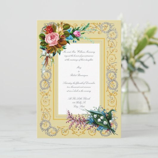 Victoriaans Era Bloemen Kransen & Boeketten Huweli Kaart (Staand voorkant)