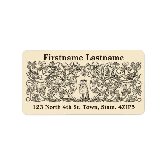  Victoriaans Era Cat, Clover & Birds Etiket (Voorkant)