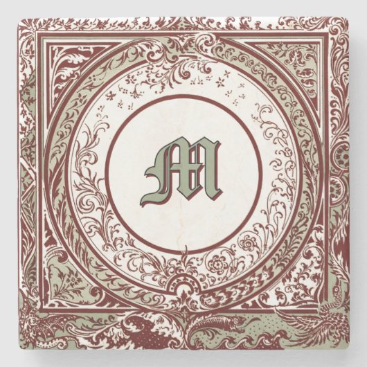 Victoriaans Era Foliage Border Monogram Stenen Onderzetter (Voorkant)