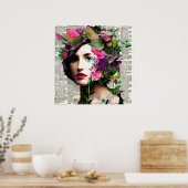 Victoriaans Era  Vrouw met Roze Bloemen Poster (Keuken)