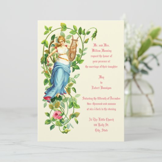 Victoriaans Era Woman & Harp met Rozen Weddenschap Kaart (Staand voorkant)