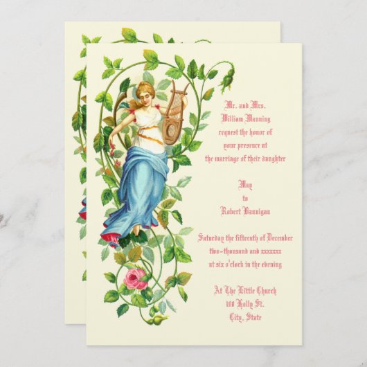 Victoriaans Era Woman & Harp met Rozen Weddenschap Kaart (Voorkant / Achterkant)