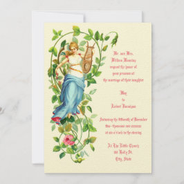 Victoriaans Era Woman & Harp met Rozen Weddenschap Kaart