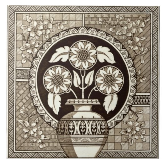 Victoriaans esthetische damp van zonnebloemen Sepi Tegeltje (Voorkant)