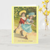 Victoriaans Feestvarken en meisje op rollerskates Kaart (Gele Bloem)