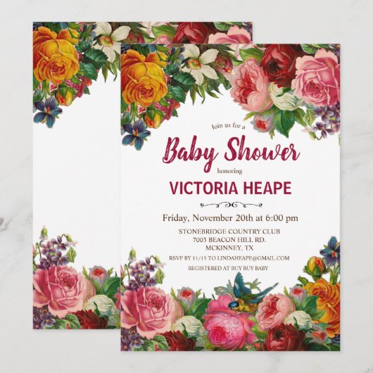  Victoriaans Floral Baby shower Invitation Kaart (Voorkant / Achterkant)