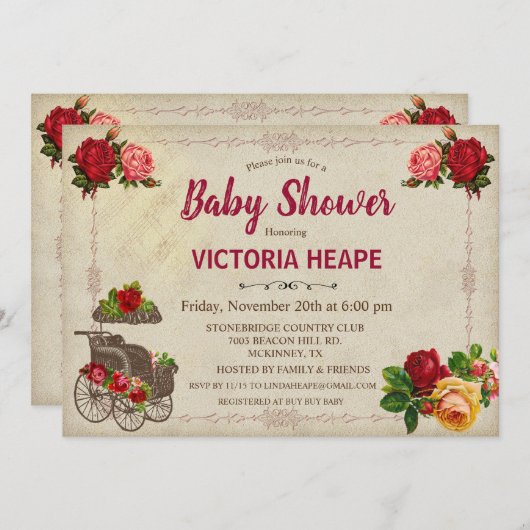  Victoriaans Floral Baby shower Invitation Kaart (Voorkant / Achterkant)