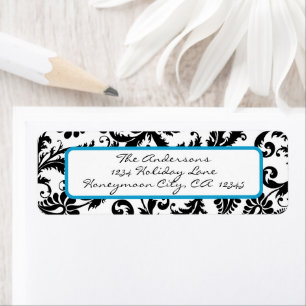 Victoriaans Floral Damask Swirl Bright Aqua & Blac Etiket