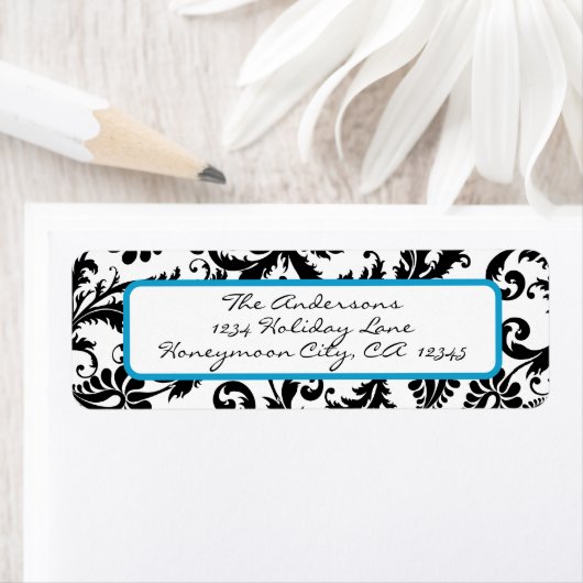 Victoriaans Floral Damask Swirl Bright Aqua & Blac Etiket (Insitu)