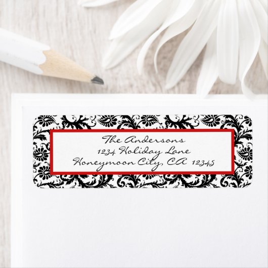 Victoriaans Floral Damask Swirl Red en Black Etiket (Insitu)