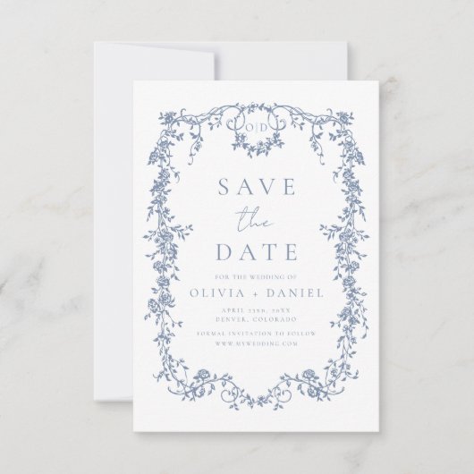 Victoriaans Floral Dusty Blue Franse bruiloft Save The Date (Voorkant)