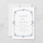 Victoriaans Floral Dusty Blue Franse bruiloft Save The Date (Voorkant)