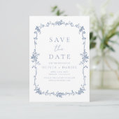Victoriaans Floral Dusty Blue Franse bruiloft Save The Date (Staand voorkant)