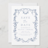 Victoriaans Floral Dusty Blue Franse bruiloft Save The Date (Voorkant)