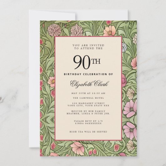 Victoriaans Floral Elegant  90th Birthday Kaart (Voorkant)