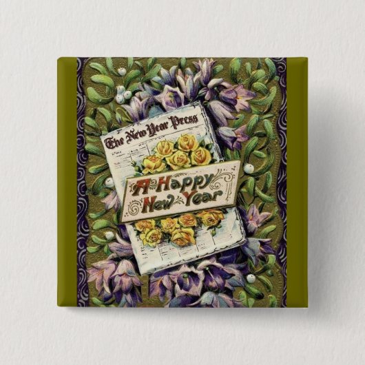Victoriaans Floral  Gelukkig Nieuwjaar Pin Button (Voorkant)