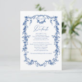 Victoriaans Floral Navy Blue Franse bruiloft Informatiekaartje (Staand voorkant)