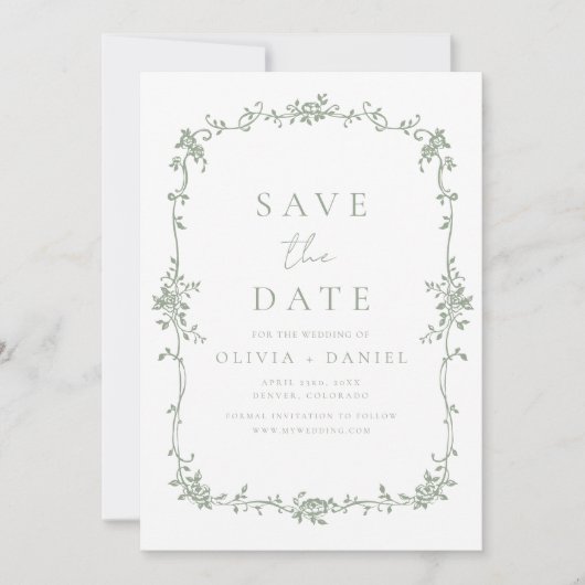 Victoriaans Floral Sage Green Franse bruiloft Save The Date (Voorkant)