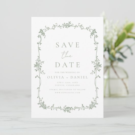 Victoriaans Floral Sage Green Franse bruiloft Save The Date (Staand voorkant)
