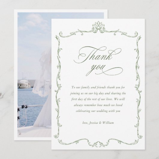 Victoriaans  Floral Sage Green Wedding Foto Bedankkaart (Voorkant / Achterkant)