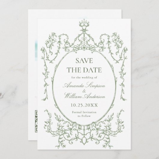 Victoriaans Floral Sage Green Wedding Foto Save The Date (Voorkant / Achterkant)