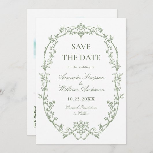 Victoriaans Floral Sage Green Wedding Foto Save The Date (Voorkant / Achterkant)