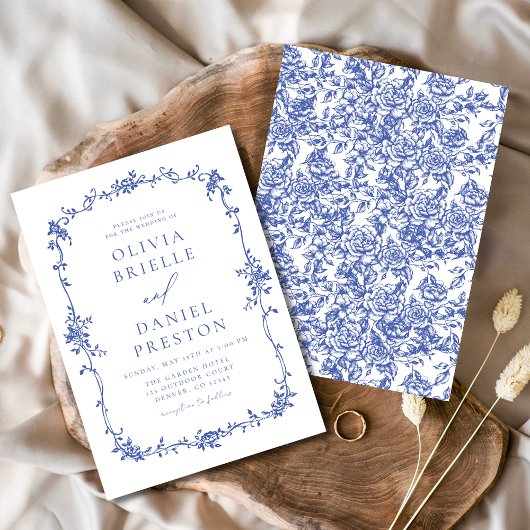 Victoriaans Frans Blauw Bloemen Bruiloft Kaart