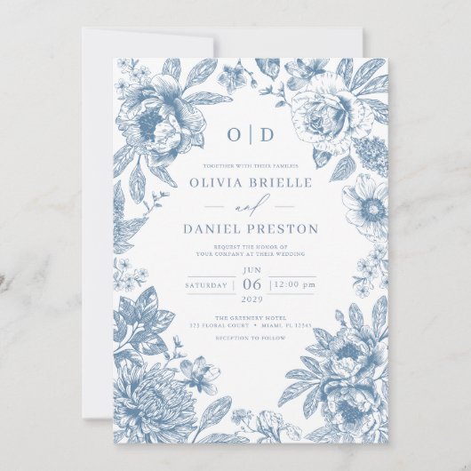 Victoriaans Frans Dusty Blue Wedding Monogram Kaart (Voorkant)
