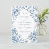 Victoriaans Frans Dusty Blue Wedding Monogram Kaart (Staand voorkant)