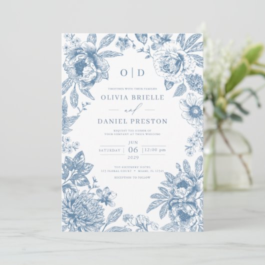 Victoriaans Frans Dusty Blue Wedding Monogram Kaart (Staand voorkant)