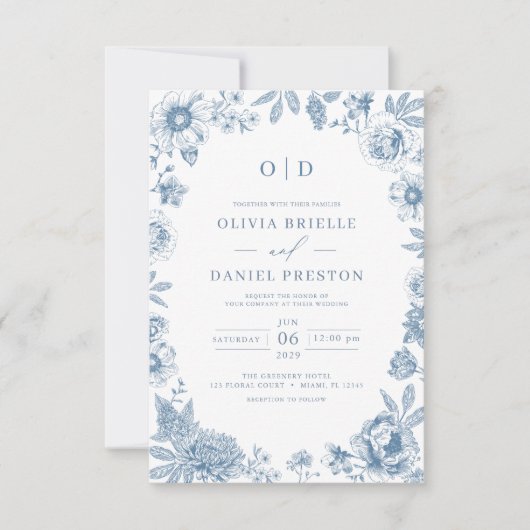Victoriaans Frans Dusty Blue Wedding Monogram Kaart (Voorkant)