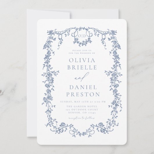 Victoriaans Frans Dusty Blue Wedding Monogram Kaart (Voorkant)