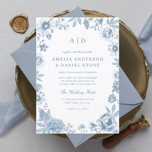 Victoriaans Frans Dusty Blue Wedding Monogram Kaart