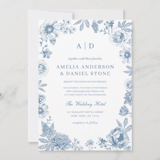 Victoriaans Frans Dusty Blue Wedding Monogram Kaart (Voorkant)